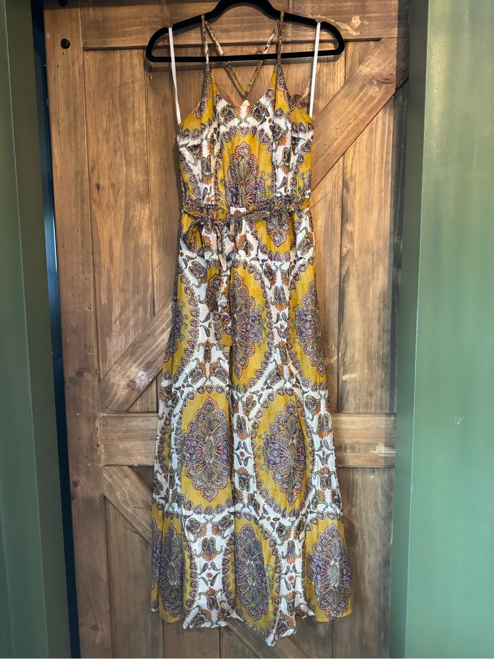 Anthropologie Akemi and Kin Yellow Paisley Maxi Dress with Crisscross Straps